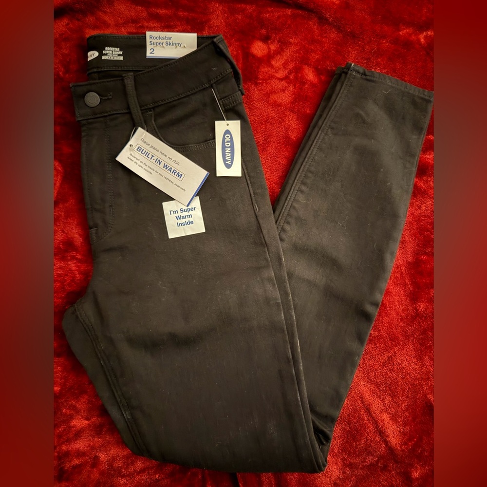 🆕 Old Navy Rockstar Super Skinny High Rise Waist Built In Warm Black Denim Jeans